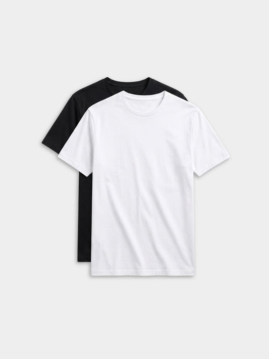 Women's Pack of 2 Black And White Solid Cotton Round Neck Relaxed Fit T-Shirts