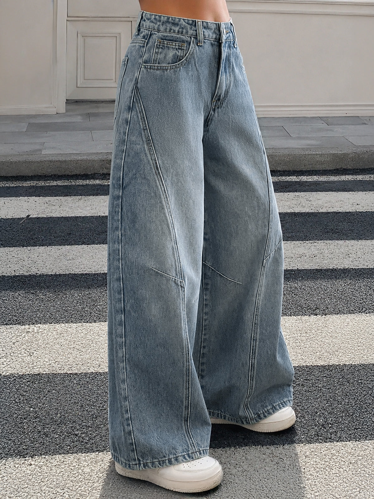 Faded Denim Blue Panelled Wide Leg Jeans