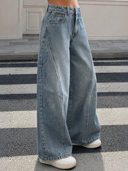 Faded Denim Blue Panelled Wide Leg Jeans
