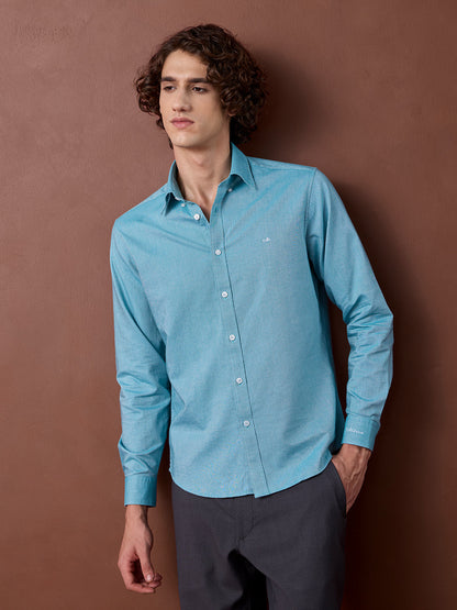 Teal Blue Regular Fit Solid Casual Cotton Shirt for Men (CRANE)
