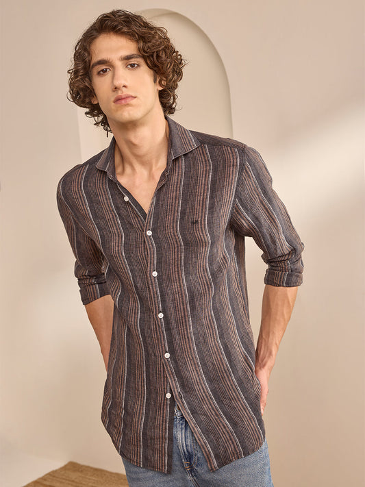 Brown Slim Fit Striped Casual Linen Shirt for Men