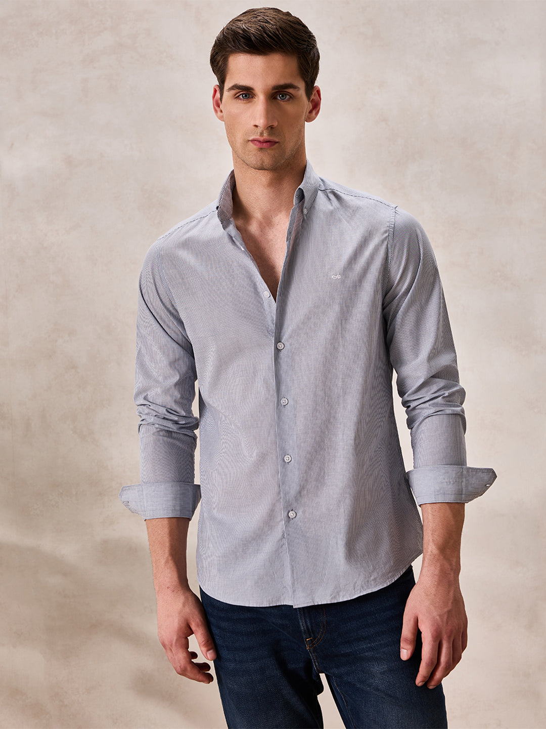 Grey Regular Fit Stripes Casual Shirt for Men (ALFON)