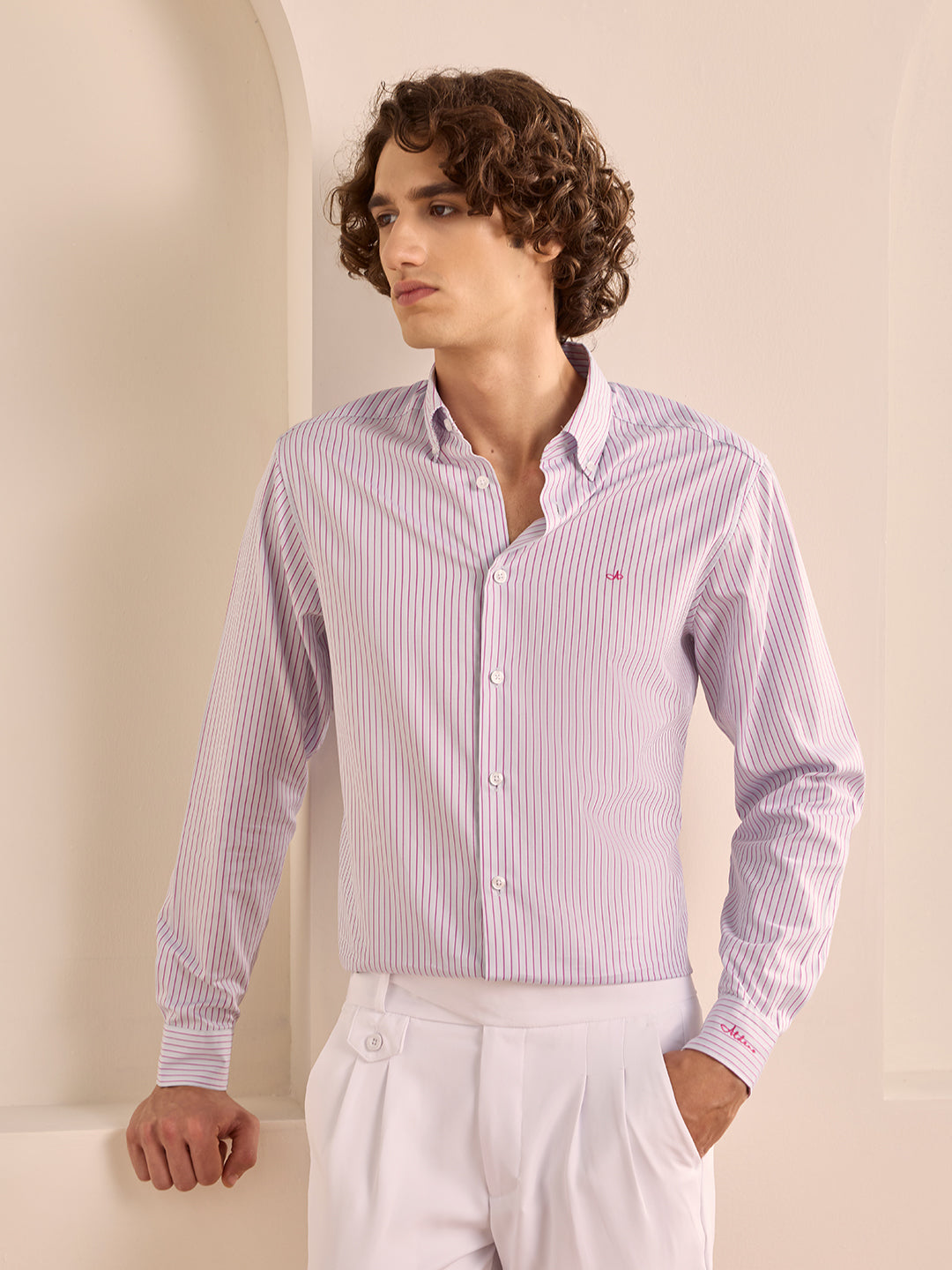 Pink Regular Fit Striped Formal Cotton Shirt for Men (LAYLA)