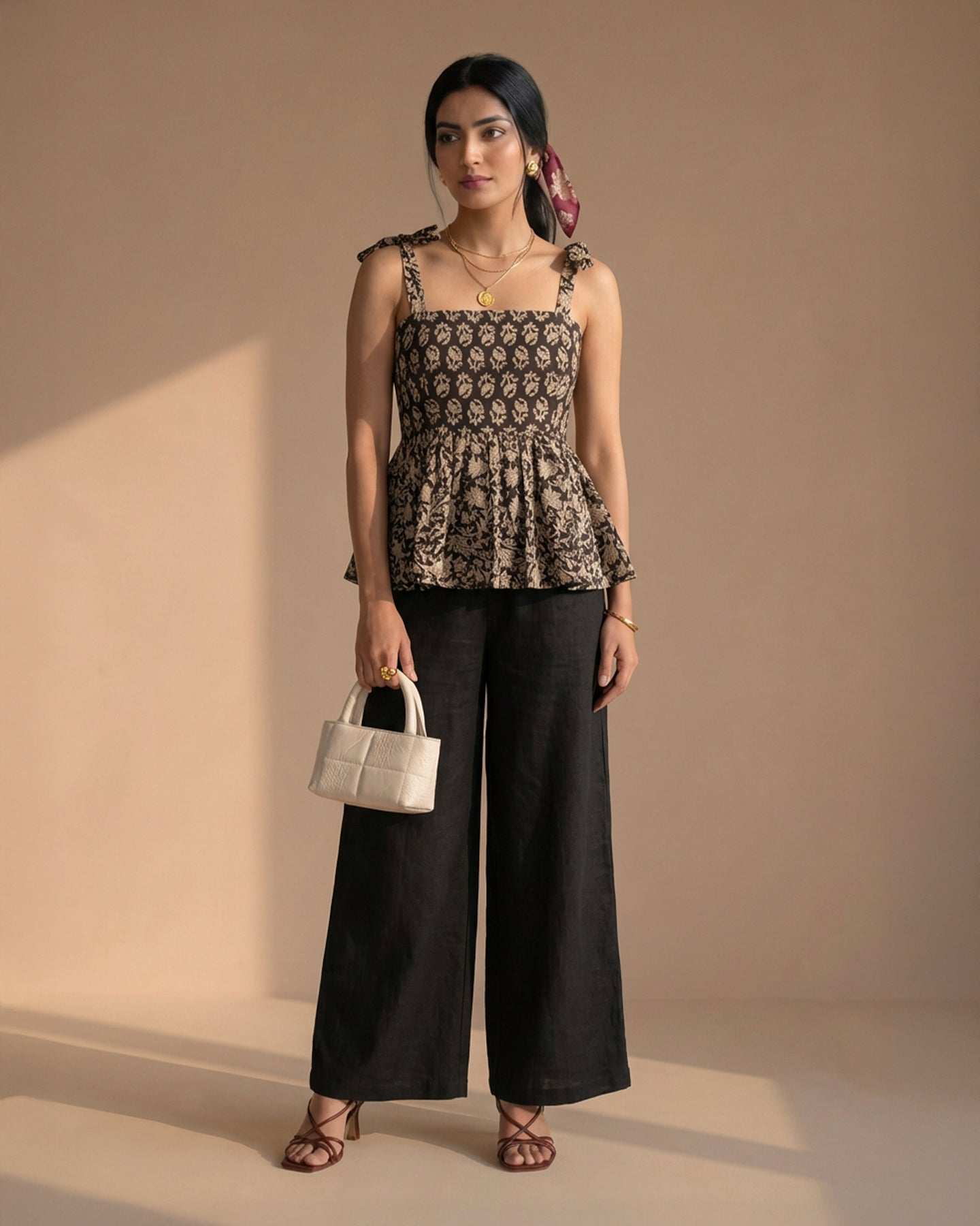 Black Floral Cotton Peplum Top