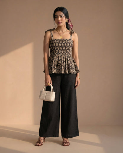Black Floral Cotton Peplum Top