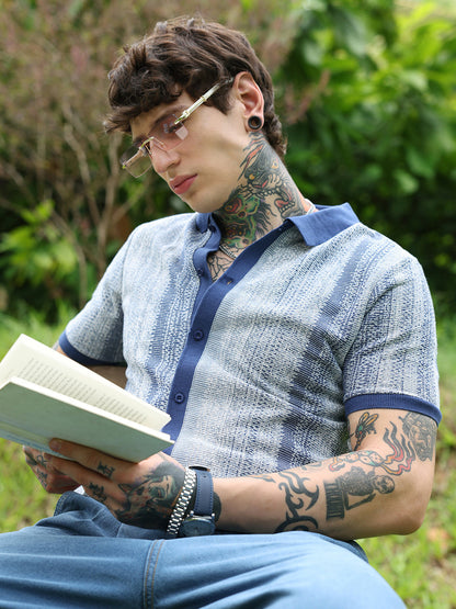 Textured Cotton Blend Cuban Collar Shirt With Vertical Stripes