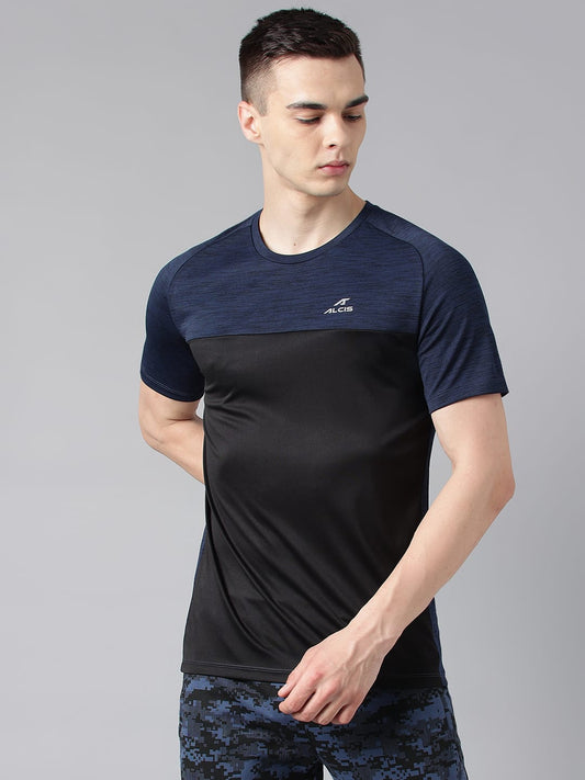 Alcis Men's Navy & Black Colour-Blocked Anti-Static Drytech+ Slim-Fit Training Tee
