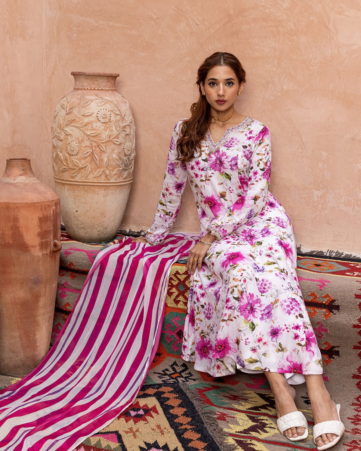 White Stripe & Floral Suit Set