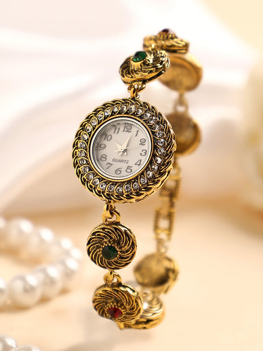 The Stone Swirl Round Watch - Antique Gold