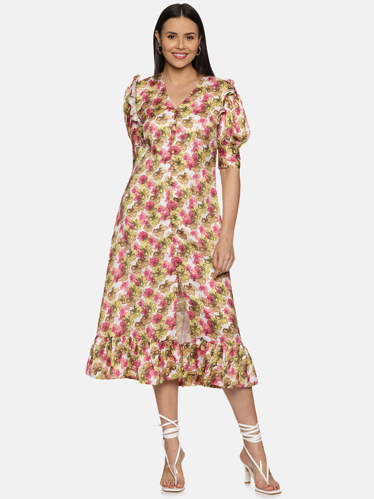 IS.U Floral Multicolor Button Down Satin Dress
