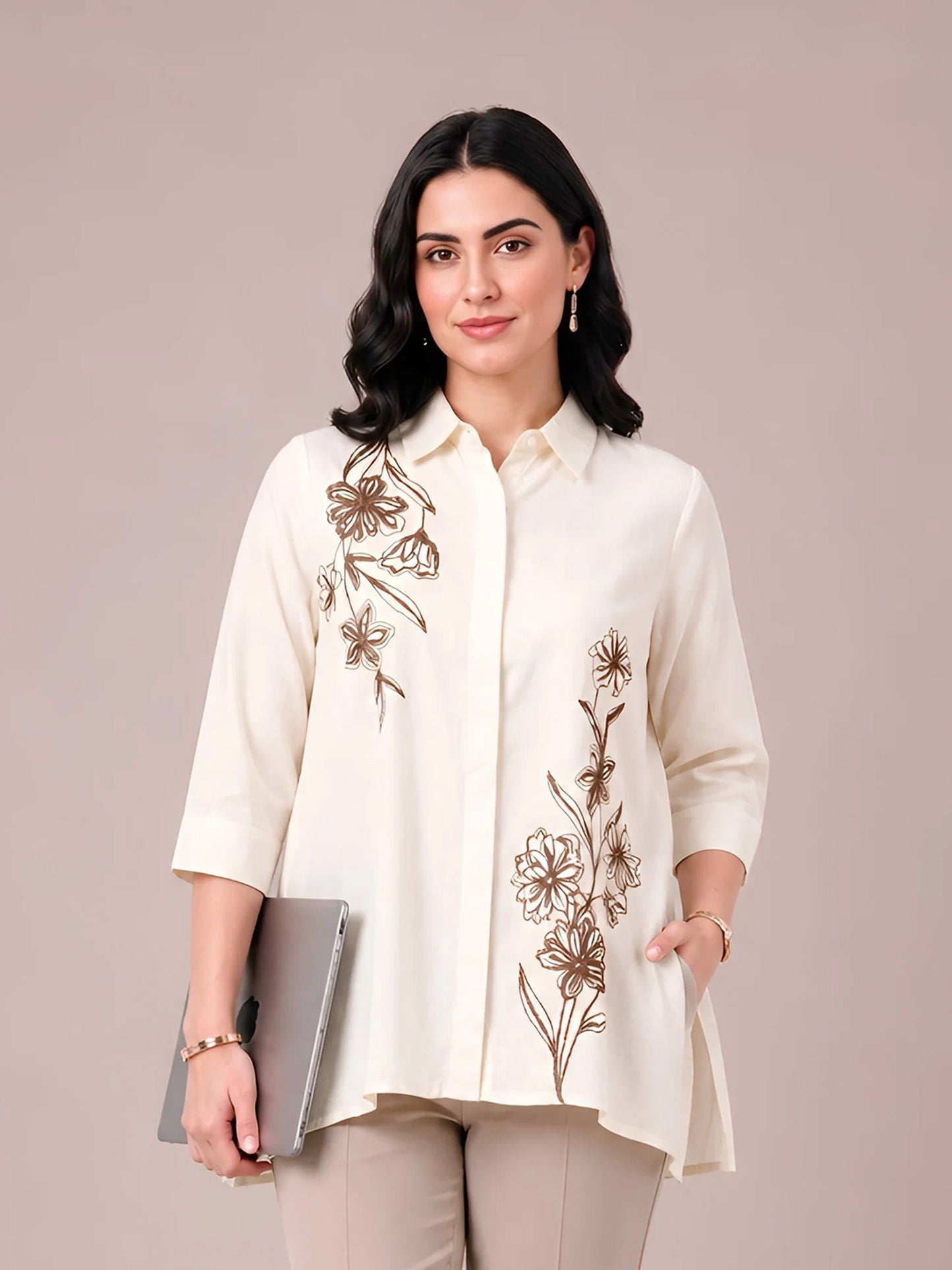 Cream Modal Satin Embroidered Short Kurti