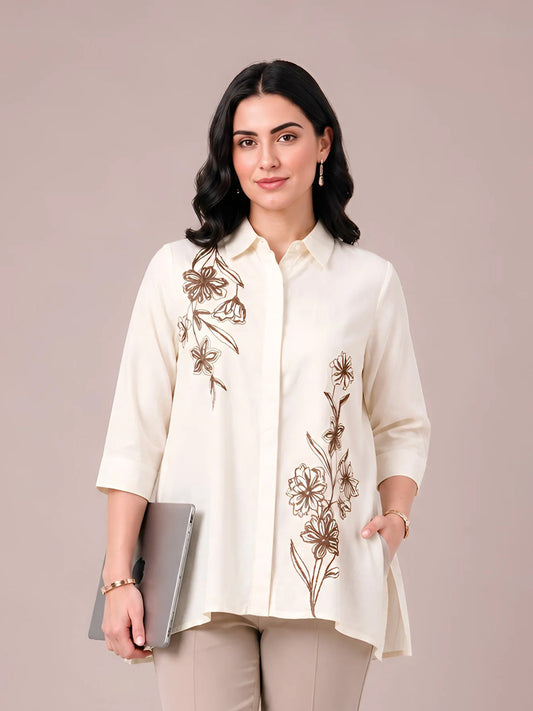 Cream Modal Satin Embroidered Short Kurti