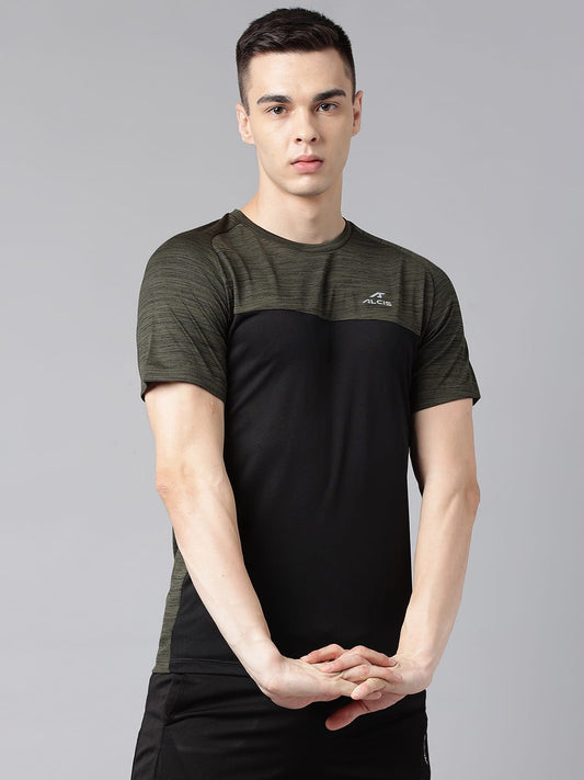 Alcis Men's Olive & Black Colour-Blocked Anti-Static Drytech+ Slim-Fit Training Tee