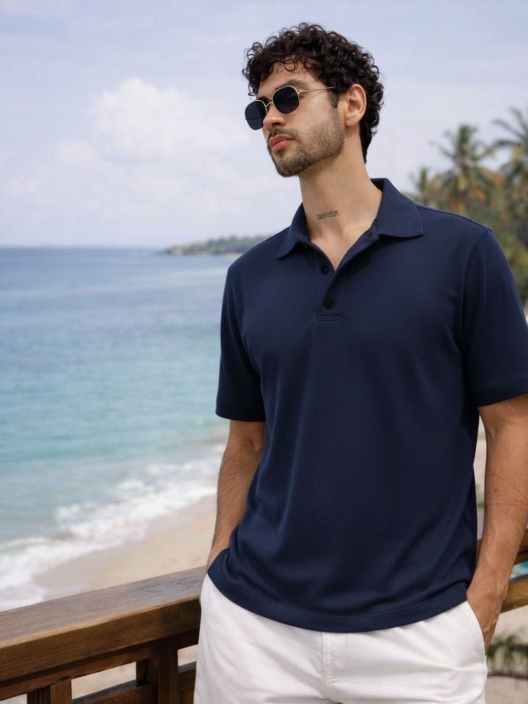 Men Solid Navy Blue Cotton Polo Collar Half Sleeve Regular Fit T-Shirt