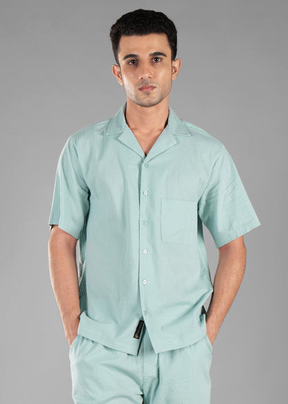 Granite Green Seersucker Textured Cuban Collar Shirt for Men