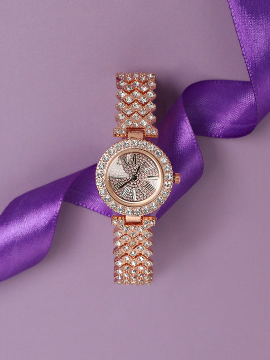 Embellished Round Watch - Rose Gold