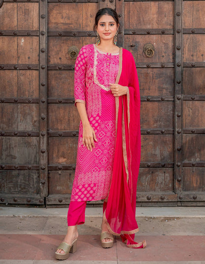 Pink Bandhani Muslin Suit Set