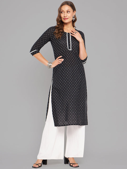 Women Black Woven Design Kurta With Lace