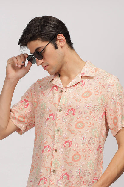 Uri Peach Printed Cuban Collar Shirt