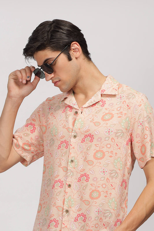Uri Peach Printed Cuban Collar Shirt