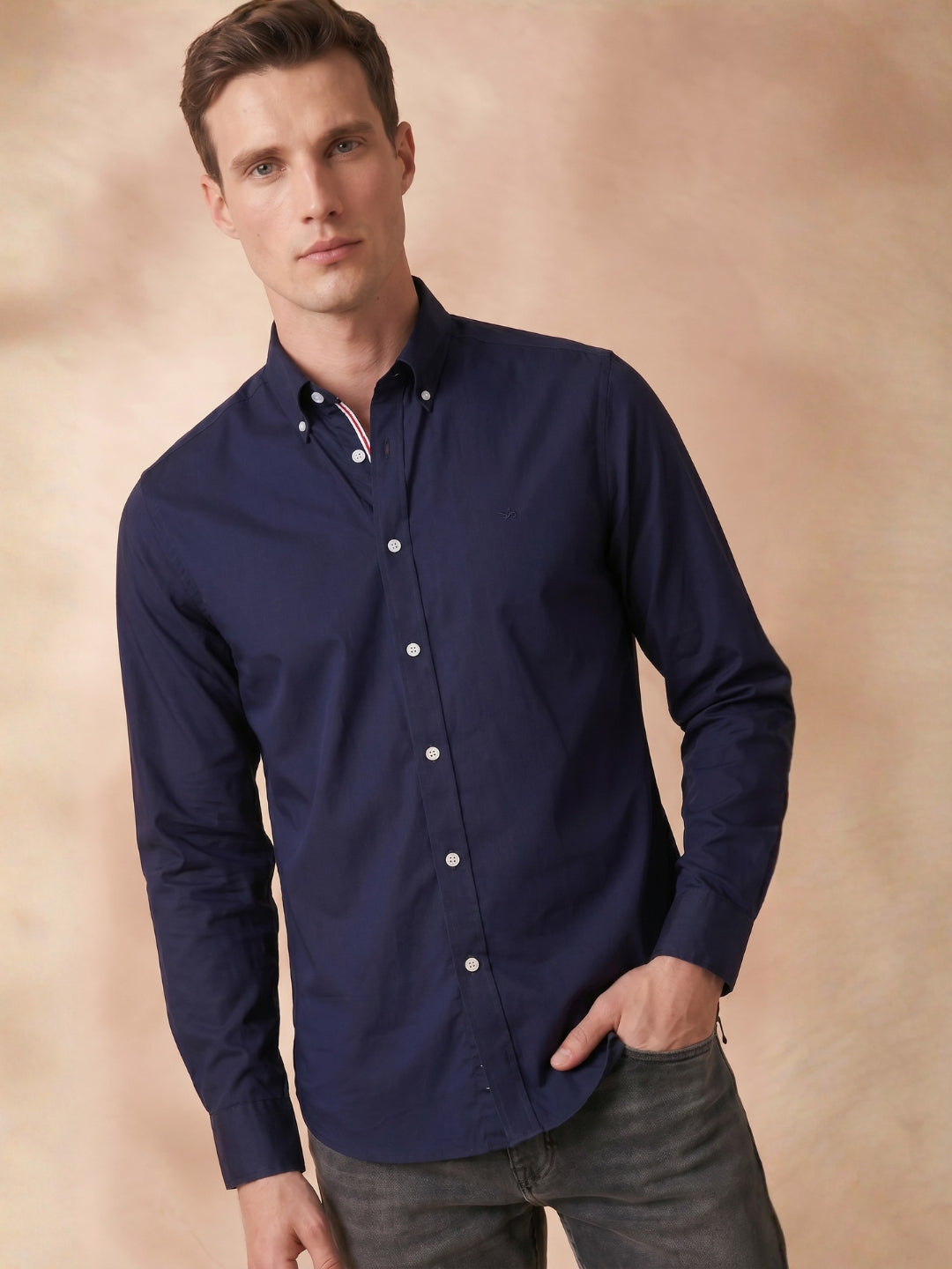 Regular Fit Navy Blue Cotton Solid Casual Shirt for Men (LOTUS)