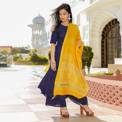 Blue Suit With Mustard Dupatta
