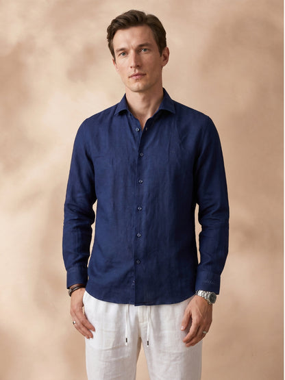 Slim Fit Linen Navy Blue Casual Shirt for Men (JANVO)