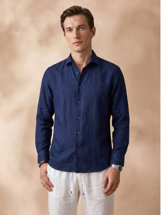 Slim Fit Linen Navy Blue Casual Shirt for Men (JANVO)