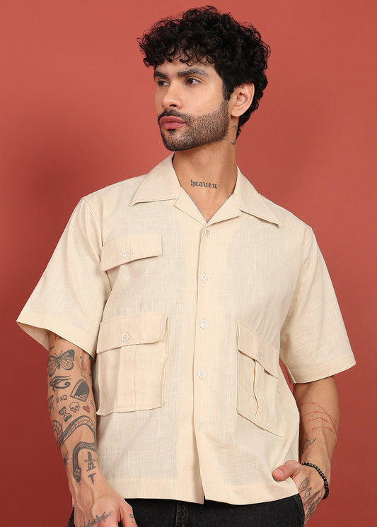 Menâ€™s Cream Shirt with 3 Pockets â€“ Relaxed Fit