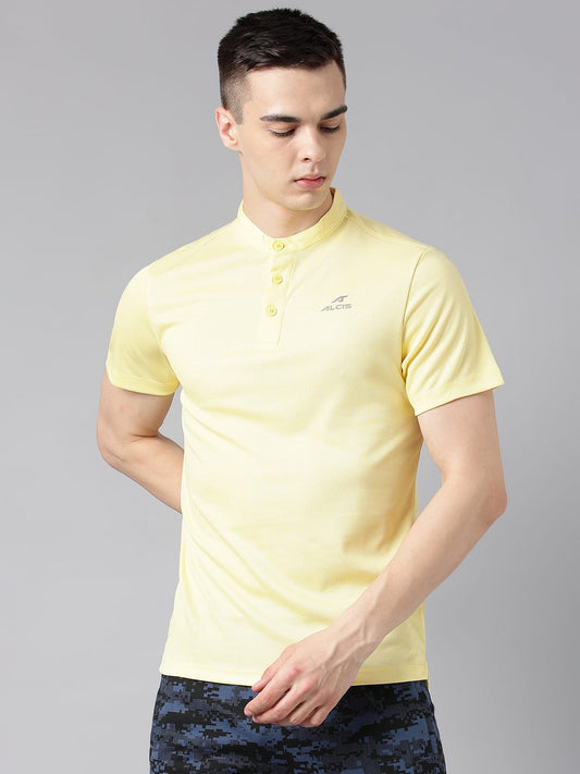 Alcis Men's Pale Yellow Anti-Static Drytech+ Slim-Fit Training Polo T-Shirt
