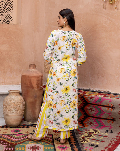 White Blossom & Stripe Kurta Set