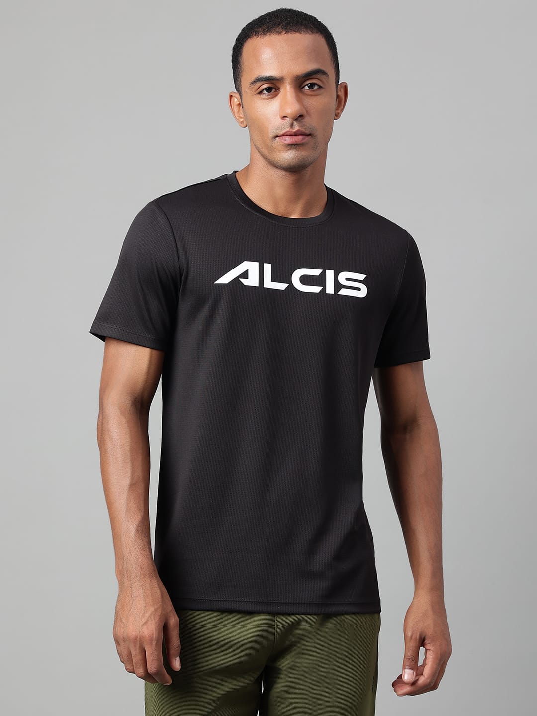 Alcis Men's Printed Black Anti-Static Drytech+ Slim-Fit Training Tee