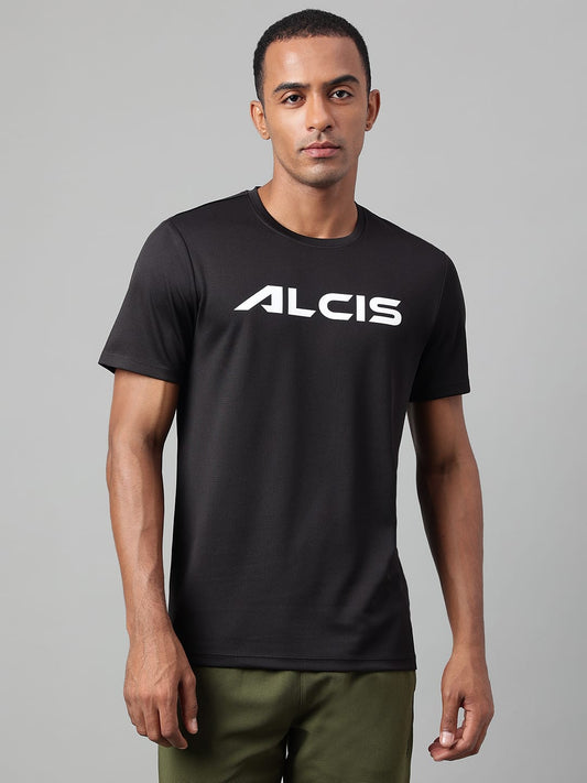 Alcis Men's Printed Black Anti-Static Drytech+ Slim-Fit Training Tee