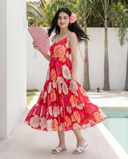 Red Animated Floret Tiered Dress
