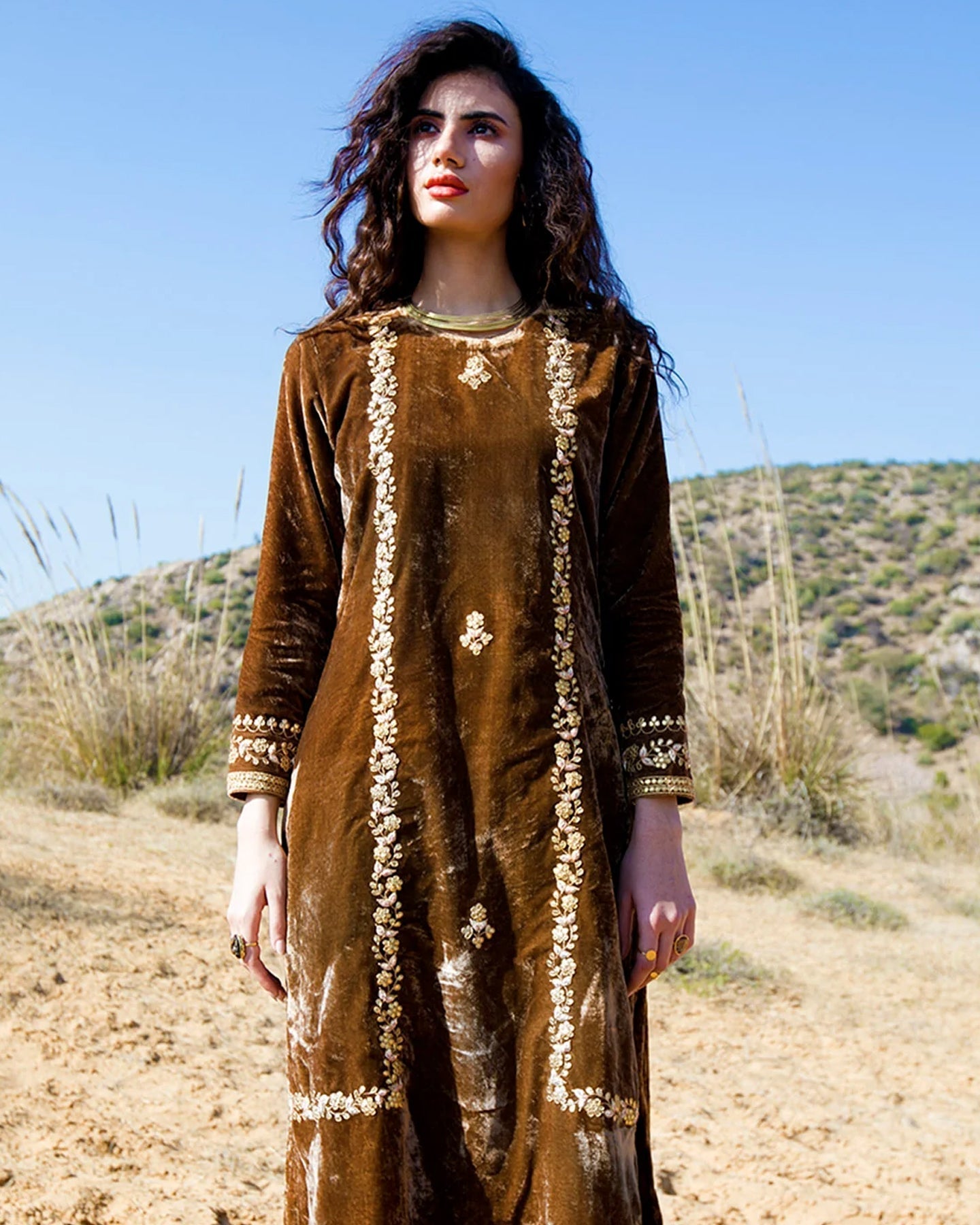 BROWN SILK VELVET KURTA SET