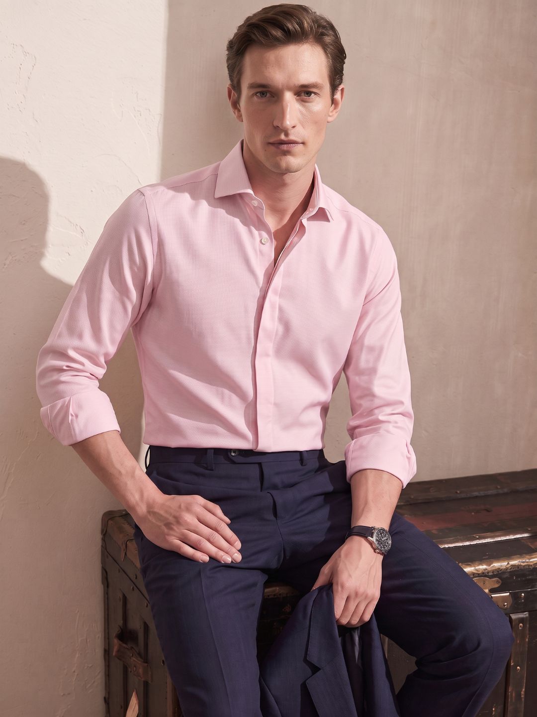 Regular Fit Pink Cotton Formal Shirt for Men (BOWEN)