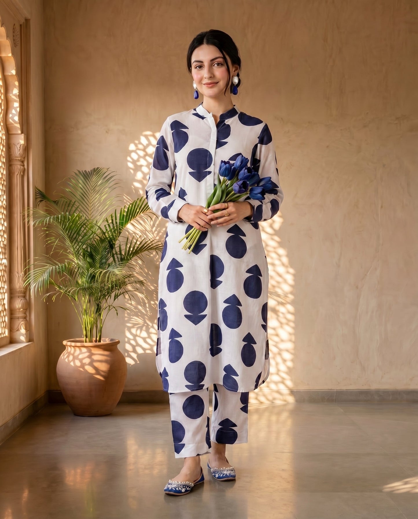 Off White Polka Kurta Set