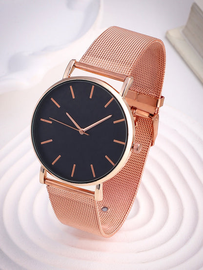 Black Analog Round Dial With Gold Hour Marker & Gold Metal Mesh Strap