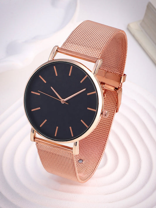 Black Analog Round Dial With Gold Hour Marker & Gold Metal Mesh Strap