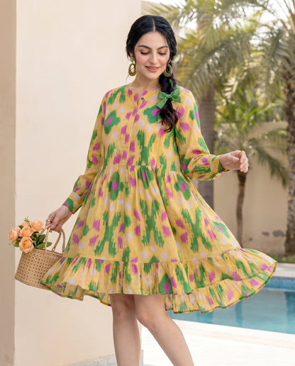 Pastel Yellow Tiered Ikat Dress