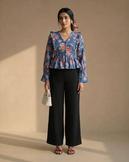 Blue Floral Peplum Top