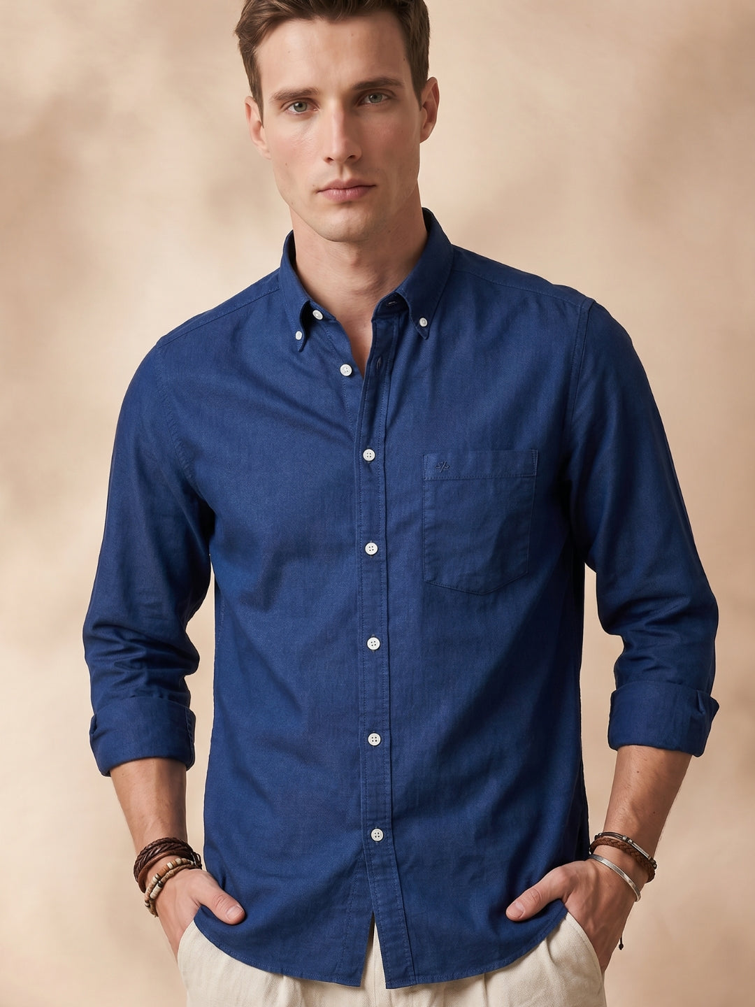 Regular Fit Navy Blue Cotton Solid Casual Shirt for Men (THEO)