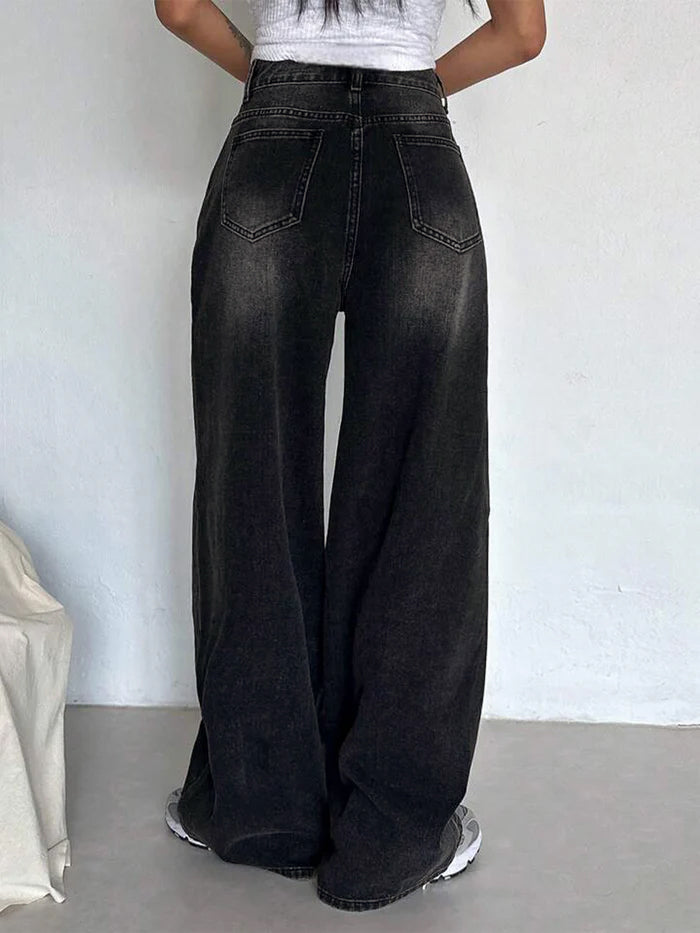 Retro Black Washed Super Wide Leg Jeans