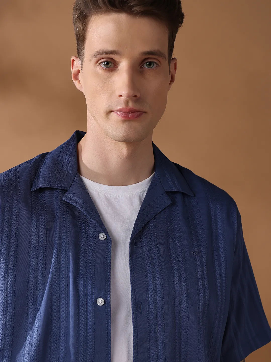 Navy Blue Regular Fit Stripes Casual Shirt for Men (NAZAR)
