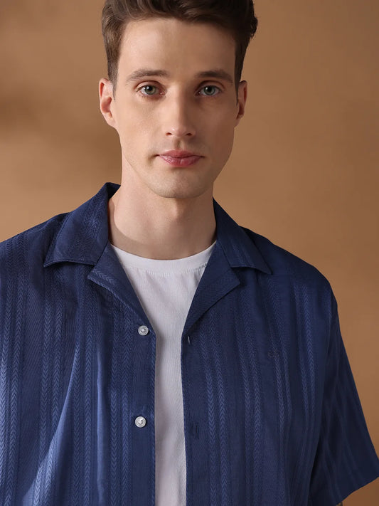 Navy Blue Regular Fit Stripes Casual Shirt for Men (NAZAR)