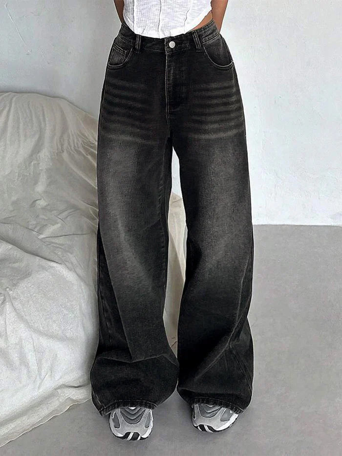 Retro Black Washed Super Wide Leg Jeans