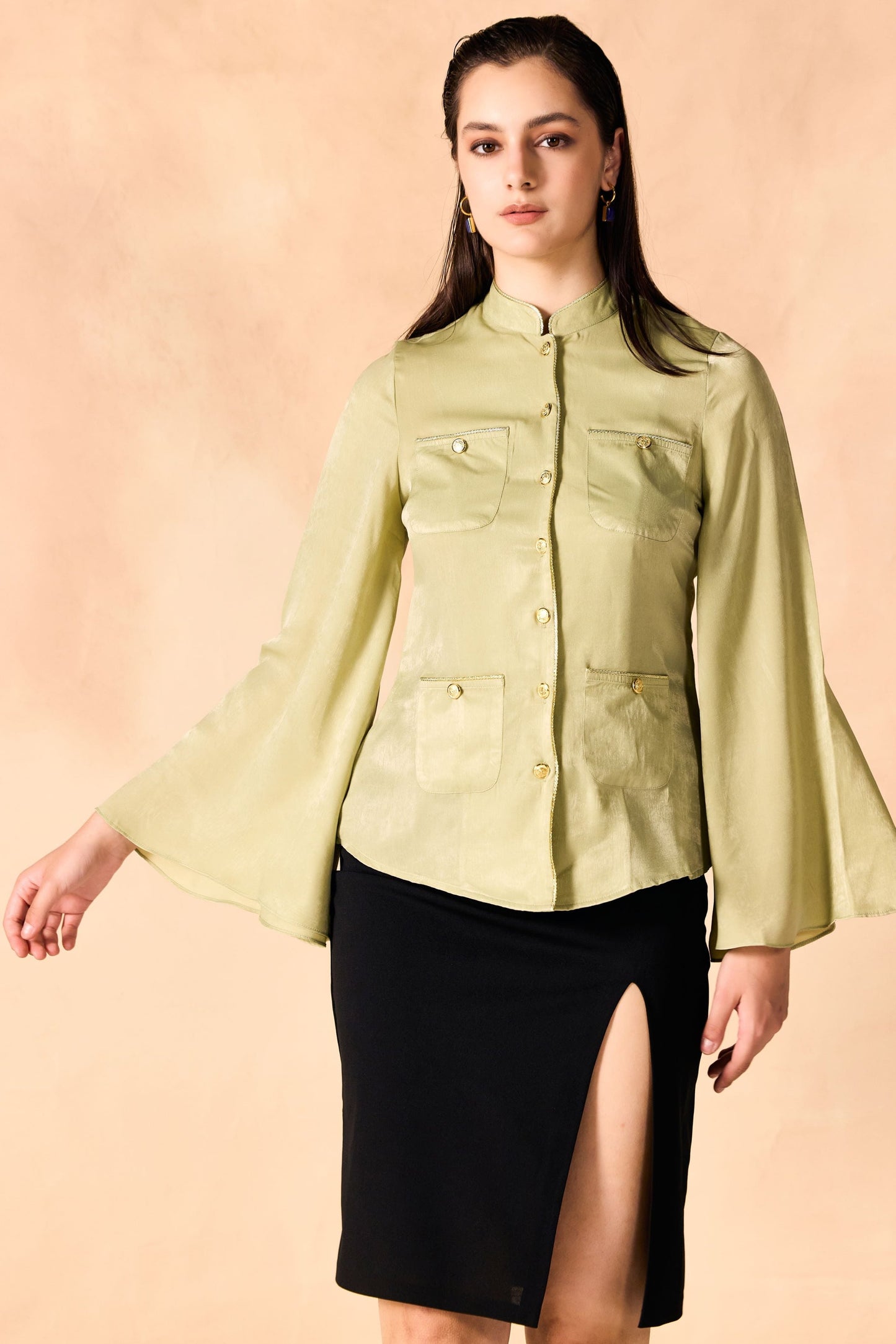 Gold Piped Trim Bell Sleeves Shirt