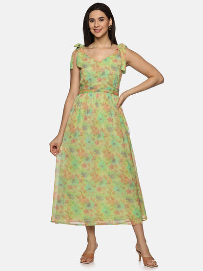 Green Maxi Dress For Women In V-Neck