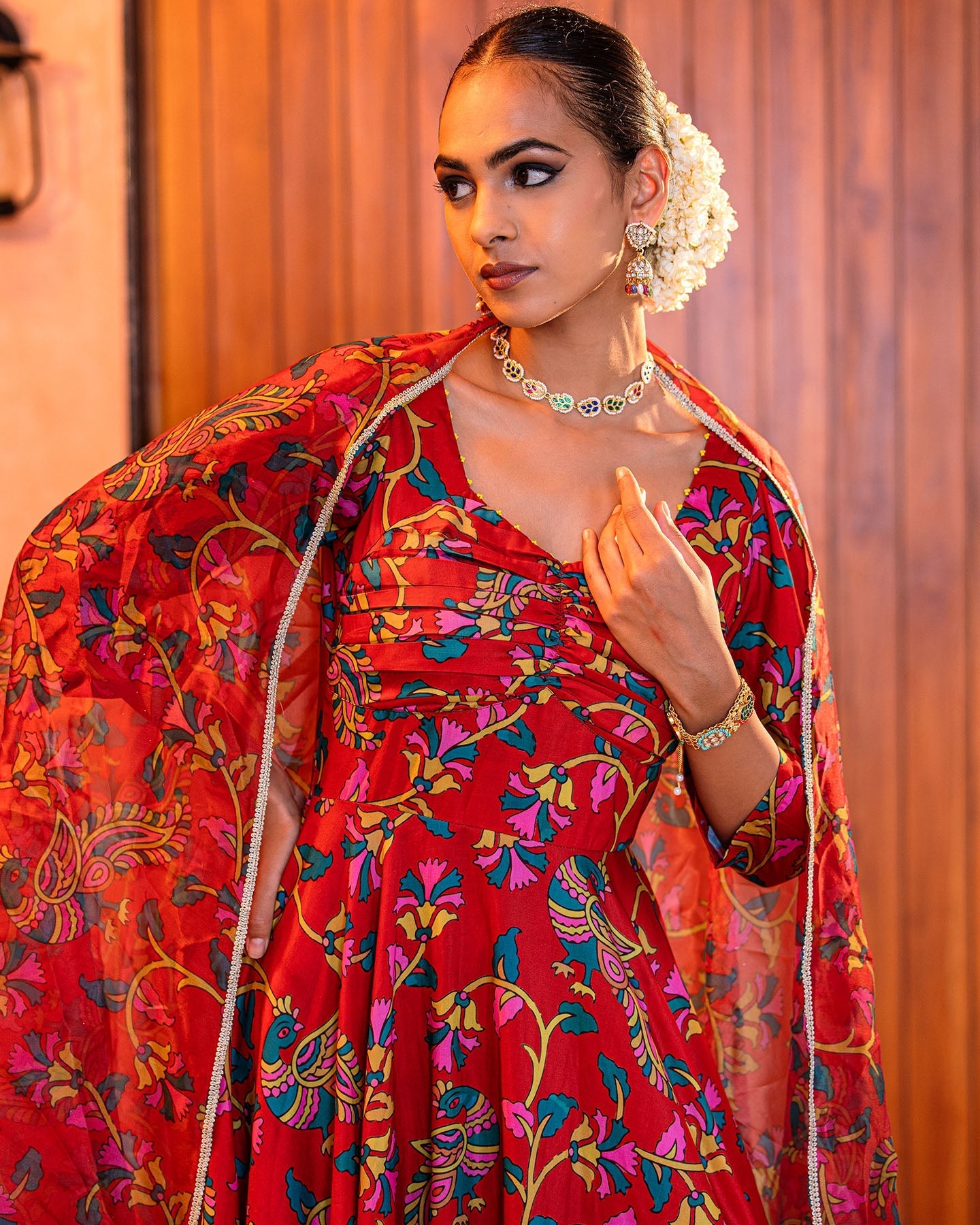 Red Floral Muslin Suit Set