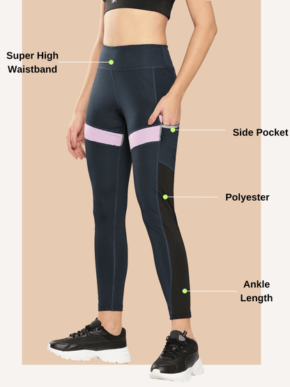 Alcis Women Navy Blue & Black Colourblocked Tights